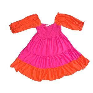 Main Strip Color Block Ruffle Dress-Pink/Orange-Large-GUC